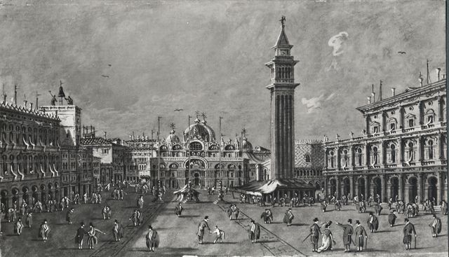 A. C. Cooper — Giacomo Guardi. A View of the Piazza di San marco, Venice, looking towards the Basilica, with many figures. — insieme